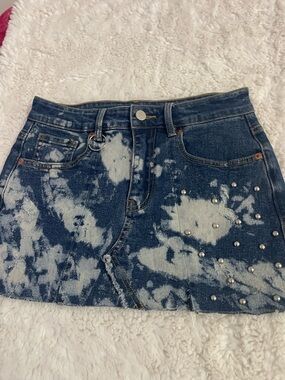AKIRA Bleached Blue Denim Mini Skirt with Silver Studs